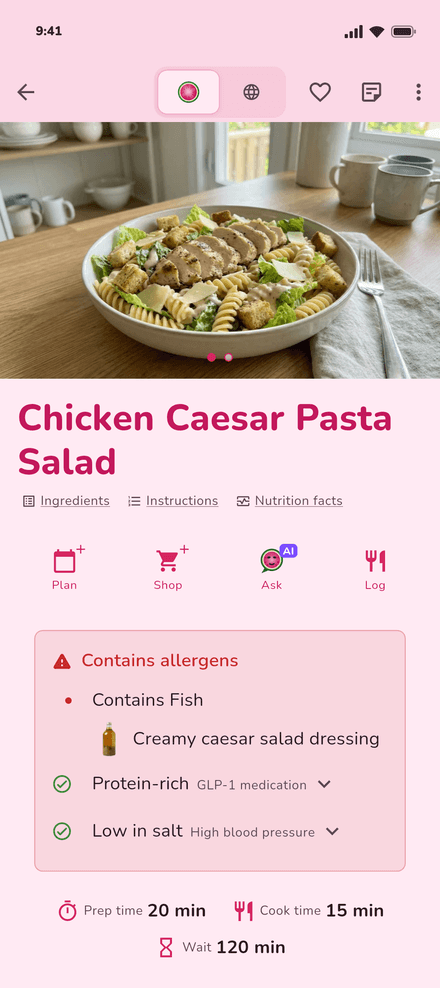 Een opgeslagen pastasalade met kip caesar in Binnie: bevat vis, in de romige caesardressing, is eiwitrijk bij GLP-1-medicatie en zoutarm bij hoge bloeddruk