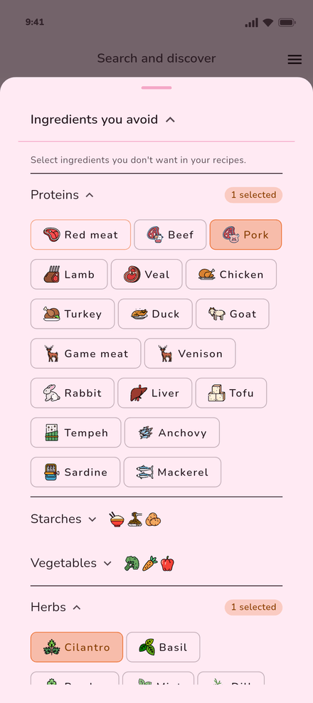 Ingredients you avoid in Binnie, with pork and cilantro selected