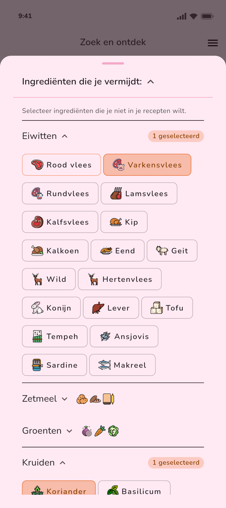 Ingrediënten die je vermijdt in Binnie, met varkensvlees en koriander geselecteerd