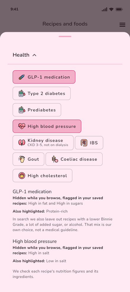 Health conditions in Binnie with GLP-1 medication and high blood pressure selected, and what each one hides, flags and highlights