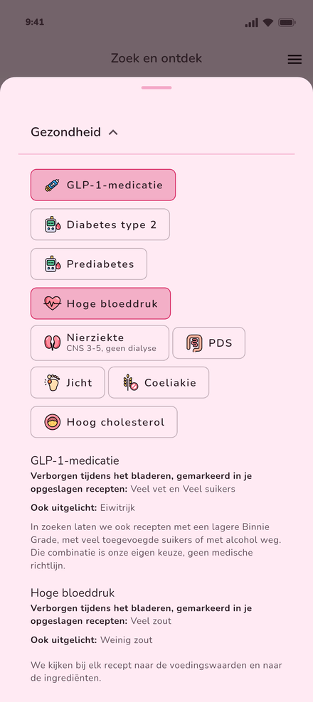 Gezondheidsaandoeningen in Binnie met GLP-1-medicatie en hoge bloeddruk geselecteerd, en wat elk ervan verbergt, markeert en uitlicht