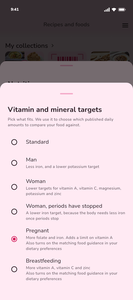 Vitamin and mineral targets in Binnie, with Pregnant selected