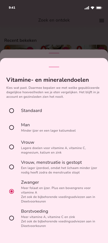 Vitamine- en mineralendoelen in Binnie, met Zwanger geselecteerd