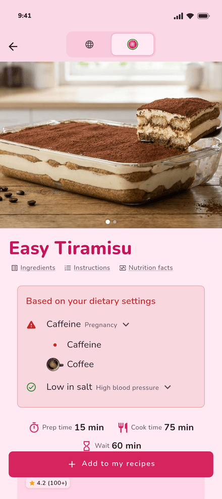 Een makkelijke tiramisu in Binnie gemarkeerd voor de zwangerschap: cafeïne, uit de koffie, en zoutarm bij hoge bloeddruk