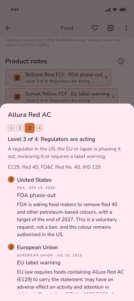 De productnotitie voor Allura Red AC in Binnie: de Amerikaanse FDA vraagt fabrikanten het tegen 2027 te verwijderen, een vrijwillig verzoek, en EU-wetgeving verplicht een waarschuwingslabel