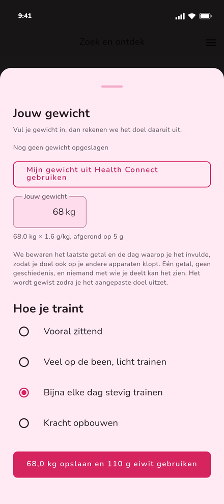 Binnie rekent een eiwitdoel uit: 68 kg maal 1,6 g per kg bij intensief trainen, 110 g per dag