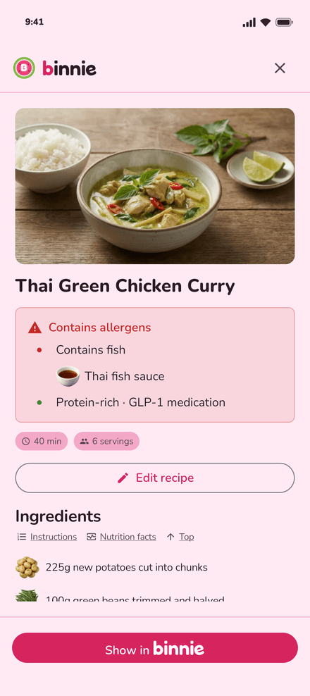 Het deelscherm van Binnie bij een Thaise groene curry die nog niet is bewaard: het recept bevat vis, in de Thaise vissaus, en is eiwitrijk bij GLP-1-medicatie