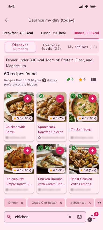 Balance my day: dinner recipes under 800 kcal with more protein, fiber and magnesium